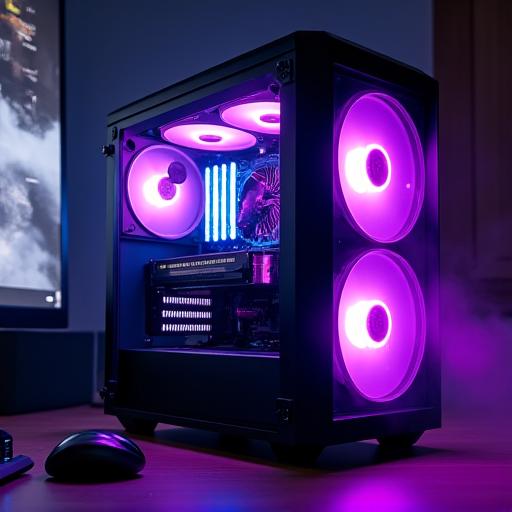 紫と青のRGBライティングが特徴のパワフルなゲーミングPC