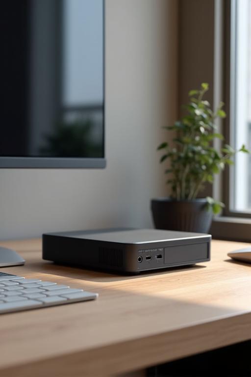 机の上に置かれた小型でスタイリッシュなPC