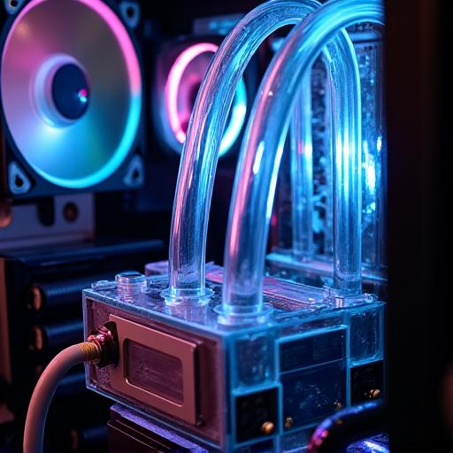 カスタムループ水冷システムを備えたPCの内部クローズアップ